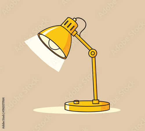 Modern yellow desk lamp illustration with adjustable arm and conical shade, symbolizing workspace lighting, study area focus, home office design, and functional decor.