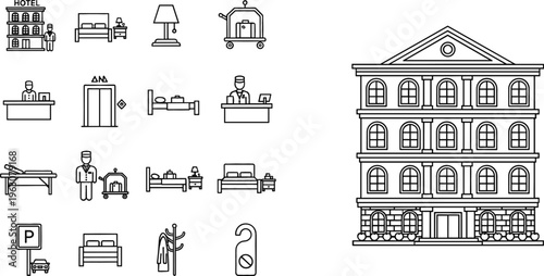 Hotel and hospitality line icon set featuring building facade, reception, room service, furniture, parking and accommodation elements vector illustration