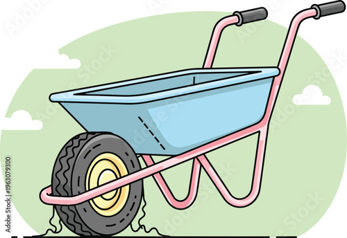 Stylized wheelbarrow illustration with blue tray, pink frame, and single tire, symbolizing gardening, construction, outdoor work, tools, and functional design.