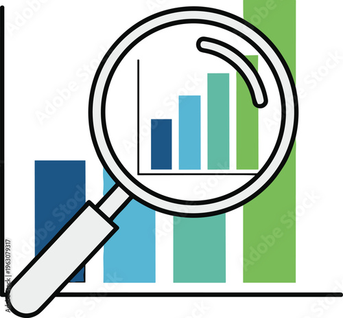 Stylized bar chart with magnifying glass illustration, symbolizing data analysis, performance evaluation, business growth, financial tracking, statistics, research, and market insights.
