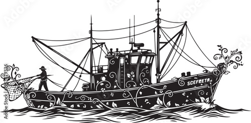 Black and white of fishing boat with man on deck silhouette