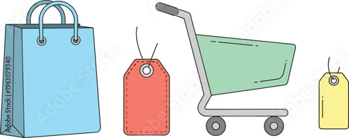 Stylized shopping icons illustration with bag, cart, and price tags, symbolizing retail, commerce, consumer goods, purchasing, and modern design.