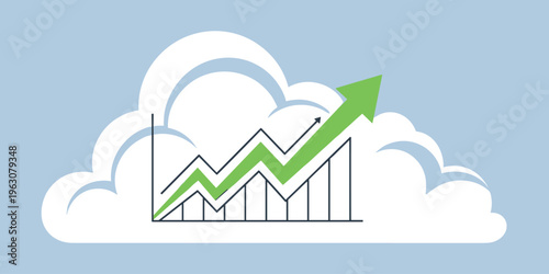 Stylized upward green arrow on bar and line chart with clouds background, symbolizing business growth, success, progress, data analytics, and performance improvement.