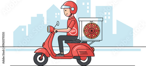 Cartoon pizza delivery person riding red scooter with helmet and food box, symbolizing fast food service, courier logistics, urban transport, and restaurant takeaway.