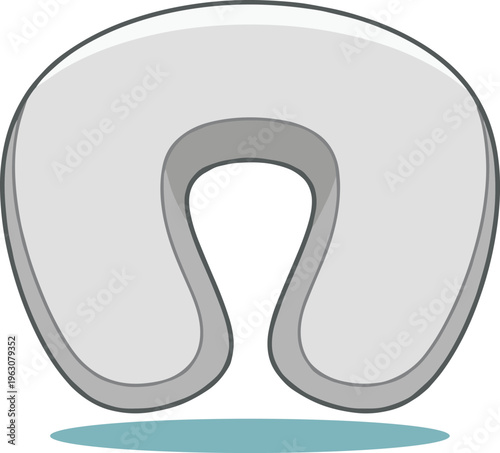 U‑shaped neck pillow illustration in gray tones with shadow, symbolizing travel comfort, ergonomic support, relaxation, airplane accessory, and sitting posture aid.