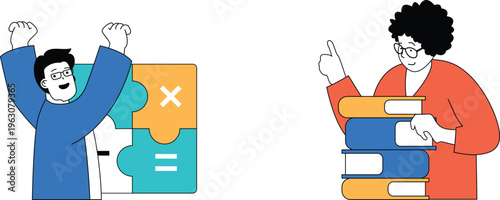 A person triumphantly solving a puzzle piece while another person approves with a stack of books nearby