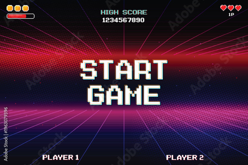START GAME. Retro Futurism Sci-Fi Background. glowing neon grid and star from vintage arcade computer games
