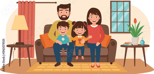 Happy family sitting together on sofa in cozy living room, symbolizing love, home, comfort, bonding, and cheerful domestic life.