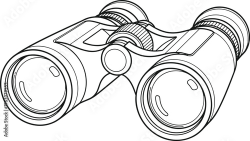 Detailed black and white line drawing of binoculars with lenses and focus wheel, symbolizing optics, exploration, observation, travel, adventure, and magnification.
