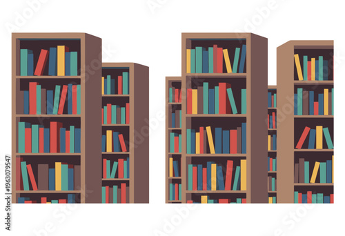 A collection of bookshelves filled with colorful books, showcasing a vast library or study space