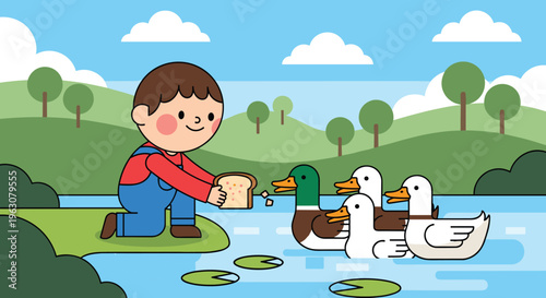 Cartoon child feeding ducks at pond with bread, surrounded by hills, trees, lily pads, and blue sky, symbolizing nature, kindness, and outdoor learning.
