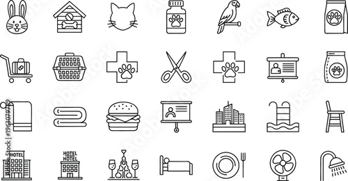 Pet care and hotel service line icon set featuring animals, grooming, food, accommodation and household elements outline vector illustration