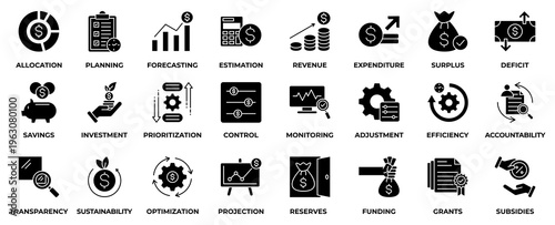 Budget Icon Set Vector Illustration. With business, planning, money management, cash flow, savings, spending, income, allocation, budgeting, cost estimate and more. Icon Collection Set Glyph Style.