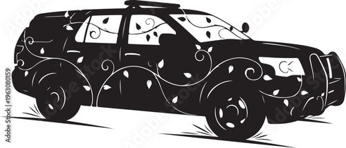 Black car with leaf driving on road vehicle transportation