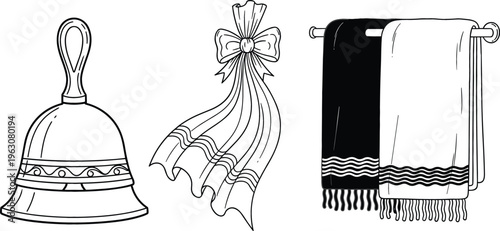 Hand drawn textile and accessory vector illustration featuring decorative bell, ribbon bow and hanging towels in vintage outline sketch style
