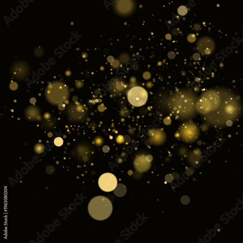 Golden dust light on black background, sparkle, shimmer, glitter across bokeh. Twinkle particles and stardust highlights flare. Sparks, lens flare, glare, magical festive light, vector illustration. 