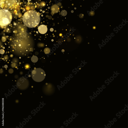 Yellow glitter dust sparkle in glowing light on dark background with bokeh. Twinkle particles, stardust highlights flare while sparks, lens flare, glare, magical festive glow, vector illustration. 