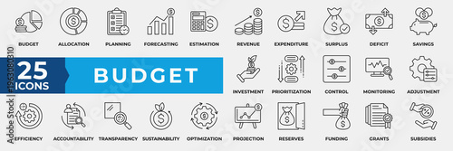 Budget icon collection set . Containing business, planning, money management, cash flow, savings, spending, income, allocation, budgeting, cost estimate and more. Simple line vector illustration.