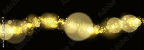 Yellow glitter dust sparkle in glowing light on dark background with bokeh. Twinkle particles, stardust highlights flare while sparks, lens flare, glare, magical festive glow, vector illustration. 