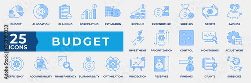 Budget icon collection set . Containing business, planning, money management, cash flow, savings, spending, income, allocation, budgeting, cost estimate and more. Simple blue vector illustration.