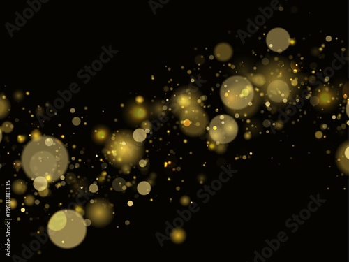Yellow glitter dust sparkle in glowing light on dark background with bokeh. Twinkle particles, stardust highlights flare while sparks, lens flare, glare, magical festive glow, vector illustration. 