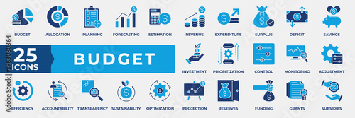 Budget icon collection set . Containing business, planning, money management, cash flow, savings, spending, income, allocation, budgeting, cost estimate and more. Simple flat blue vector illustration.