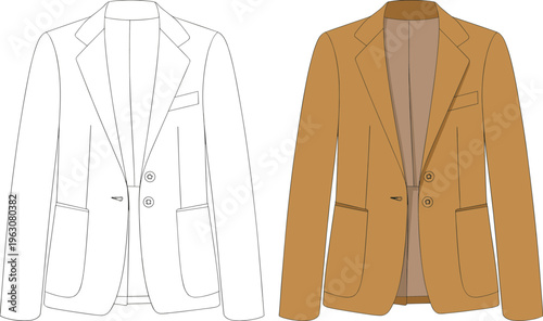 Flat vector blazer illustration, tailored jacket, technical fashion sketch, lapel pocket style