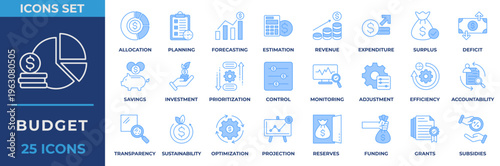 Budget icon set. Containing business, planning, money management, cash flow, savings, spending, income, allocation, budgeting, cost estimate and more. Blue vector icons collection.