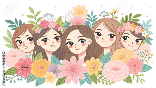 soft anime kawaii illustration of five women background 
