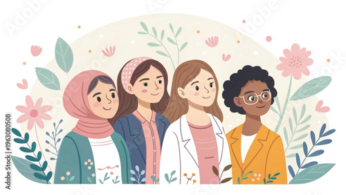 soft anime kawaii illustration of five women background 