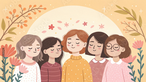 soft anime kawaii illustration of five women background 