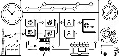 Line art vector of business project management workflow and timeline