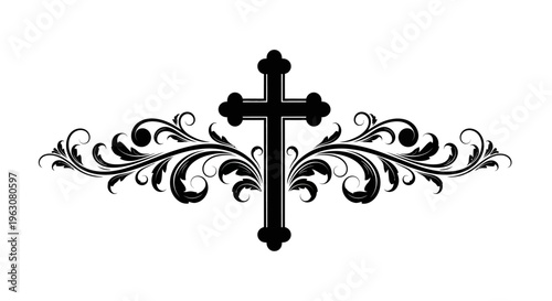 Ornate Christian Cross with Flourish Design.
