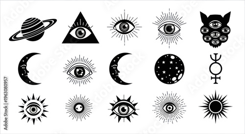 Black and white occult symbols collage.