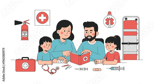 Family with first aid kit.