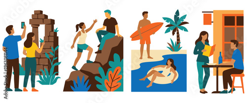 People traveling and doing various summer outdoor recreational activities.