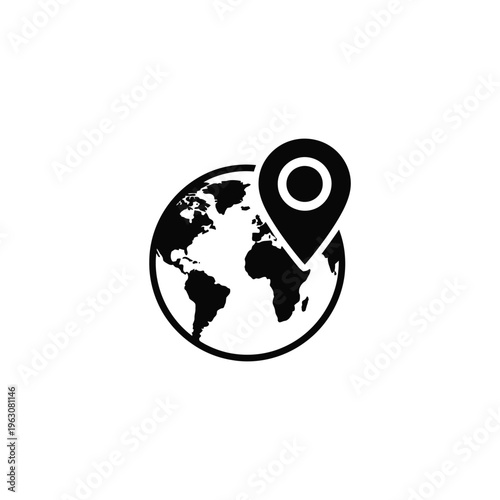 A black and white illustration of a globe with a location pin on it