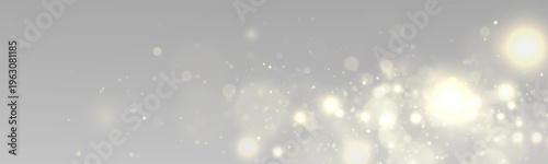 Golden glitter dust sparkles with shimmer, sparks, glowing particles across blurred bokeh light. Twinkle, stardust, luminous highlights, flare create elegant festive Christmas light. PNG illustration.