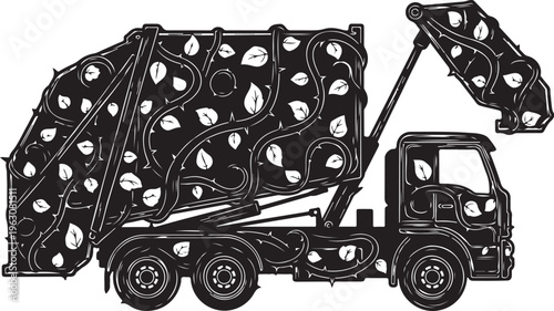 Black garbage truck with leaf pattern white background