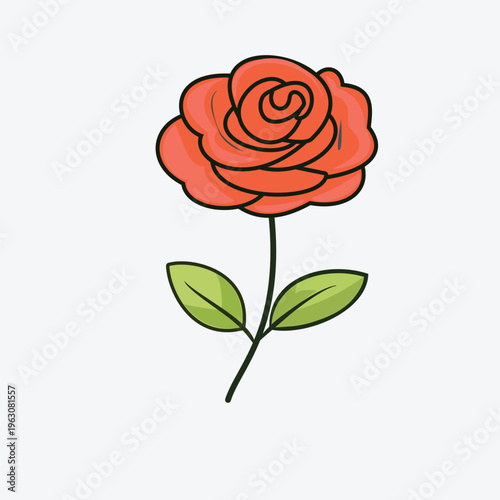 Rose Flower Illustration with a Vibrant Red Bloom and Green Leaves on a White Background
