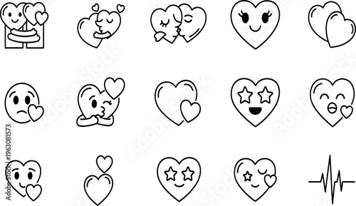 A collection of 13 unique emoticon heart and animal faces in black and white line art on a white background