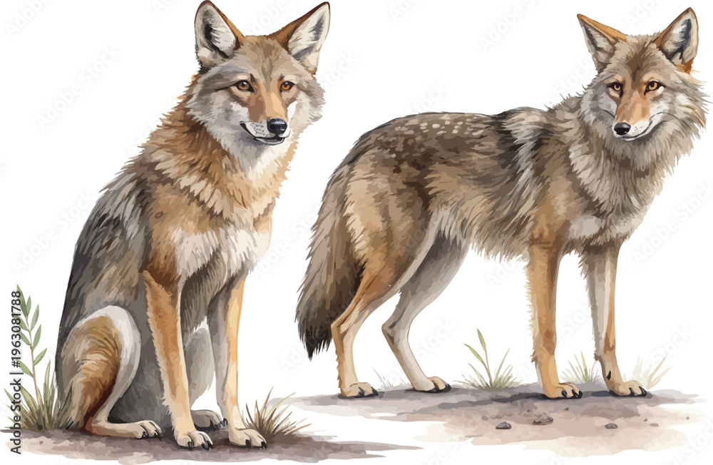 Fototapeta premium Watercolor Coyote Painting, Forest Predator vector illustration isolated on white background