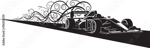 Black race car speeding with swirling smoke racing