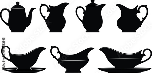 Teapot and gravy boat silhouette icon collection, kitchenware vector illustration, drinkware design elements, traditional serving ware, flat vector illustration