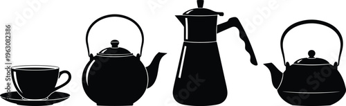 Tea and coffee pot silhouettes, black kitchen utensil collection, hot beverage serving vector illustration, minimalist design elements, flat vector illustration