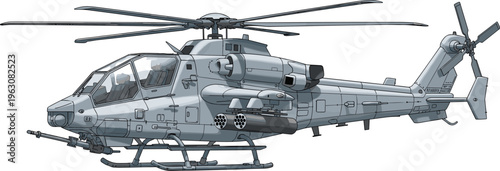 Detailed military attack helicopter vector illustration modern combat gunship isolated side view rotor aircraft aviation design blueprint style high quality