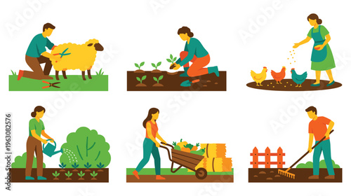 People working on farm growing vegetables and caring for livestock.