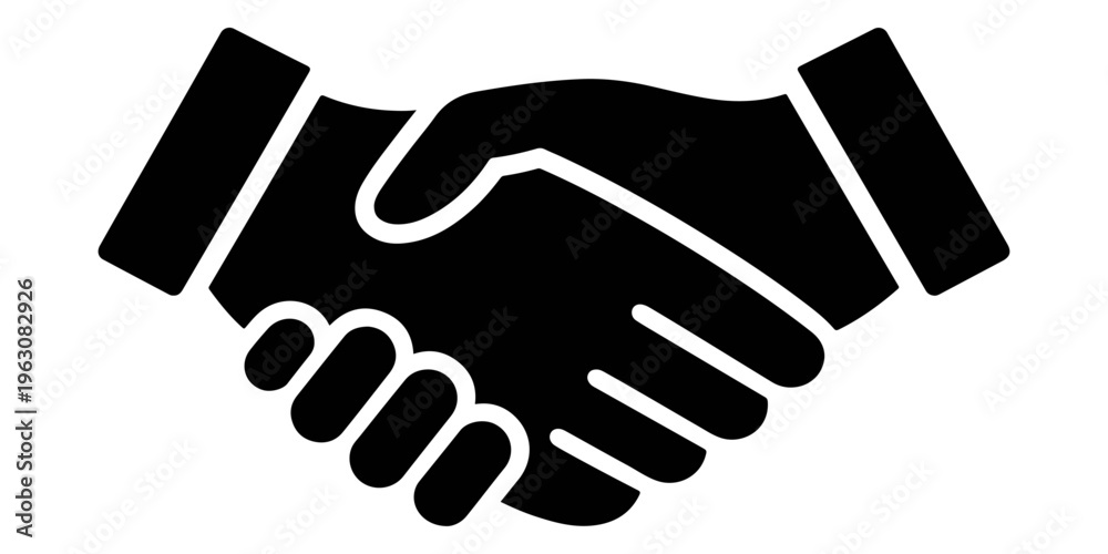 Fototapeta premium Black silhouette vector illustration of a business handshake symbol representing a professional deal partnership and teamwork agreement between two people shaking hands