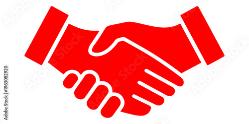 Vector illustration of a business handshake between two businessmen with a red flag symbol representing a partnership deal agreement and professional sign icon design