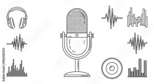 Microphone with sound waves and headphones.